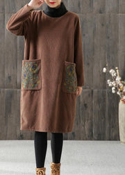 Handmade linen Tunics Women Embroidered Turtleneck Winter Cotton Midi Dress