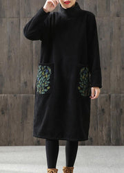 Handmade linen Tunics Women Embroidered Turtleneck Winter Cotton Midi Dress