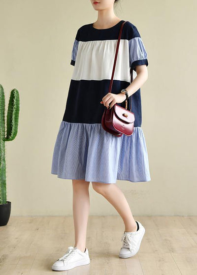 Handmade navy Robes patchwork Cinched Dress - SooLinen