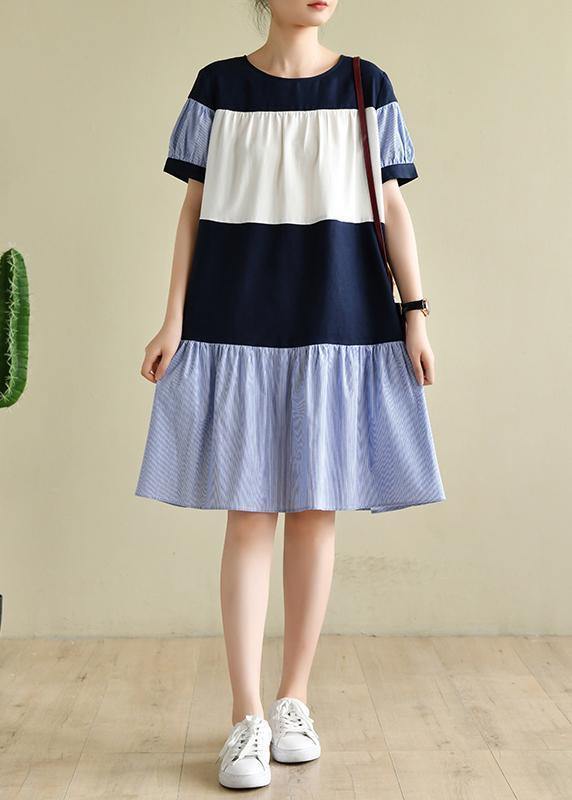 Handmade navy Robes patchwork Cinched Dress - SooLinen