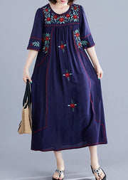 Handmade navy embroidery cotton clothes For Women o neck Cinched cotton robes summer Dress - SooLinen