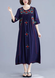 Handmade navy embroidery cotton clothes For Women o neck Cinched cotton robes summer Dress - SooLinen