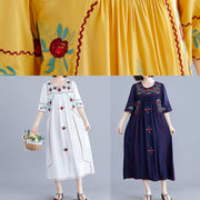 Handmade navy embroidery cotton clothes For Women o neck Cinched cotton robes summer Dress - SooLinen