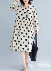 Handmade nude dotted Cotton tunic pattern v neck Plus Size fall Dress - SooLinen