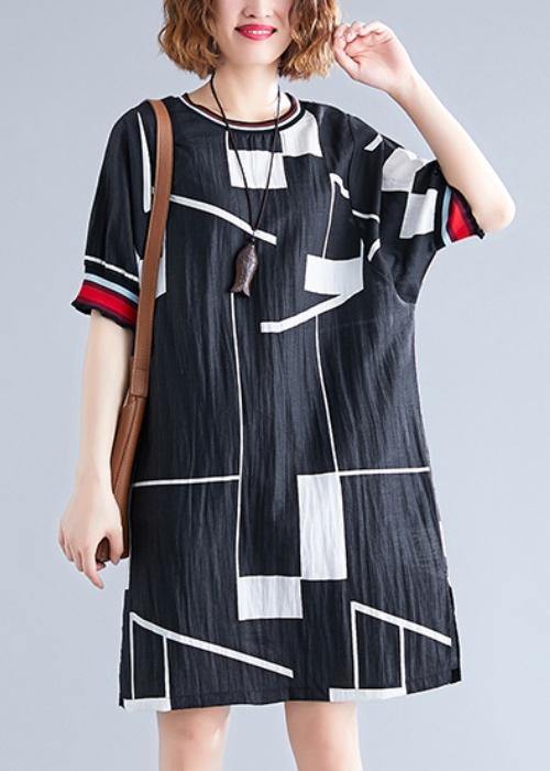 Handmade o neck Cotton clothes For Women Work black print Dresses - SooLinen