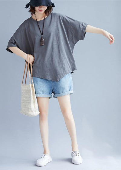 Handmade o neck asymmetric cotton clothes For Women gray blouse - SooLinen