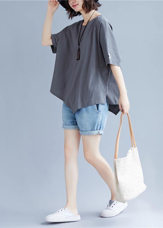 Handmade o neck asymmetric cotton clothes For Women gray blouse - SooLinen