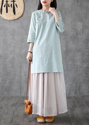 Handmade o neck embroidery linen clothes For Women Catwalk light green Dresses - SooLinen