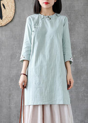 Handmade o neck embroidery linen clothes For Women Catwalk light green Dresses - SooLinen