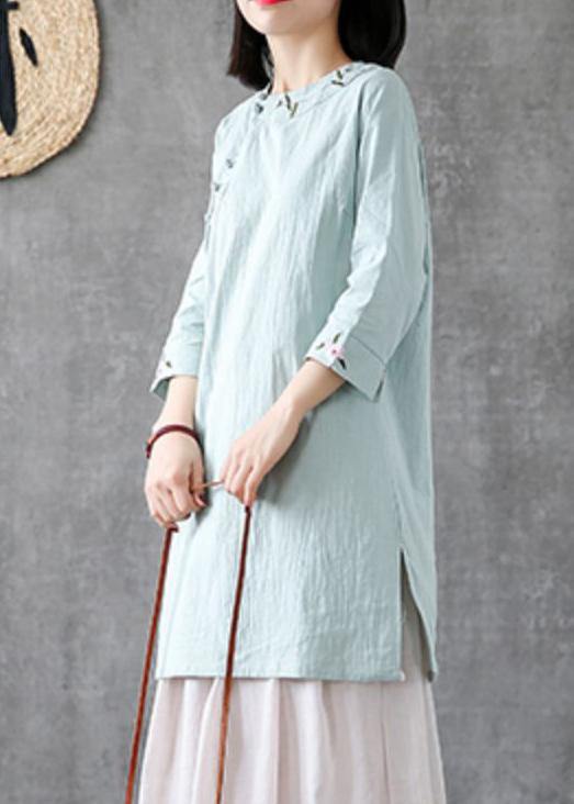 Handmade o neck embroidery linen clothes For Women Catwalk light green Dresses - SooLinen