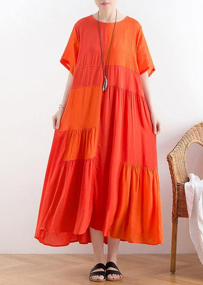 Handmade o neck patchwork cotton clothes For Women Catwalk orange long Dress - SooLinen