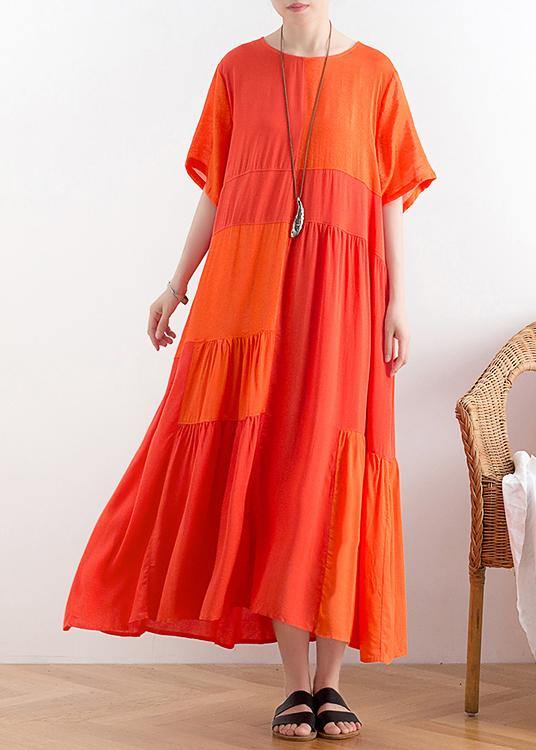 Handmade o neck patchwork cotton clothes For Women Catwalk orange long Dress - SooLinen