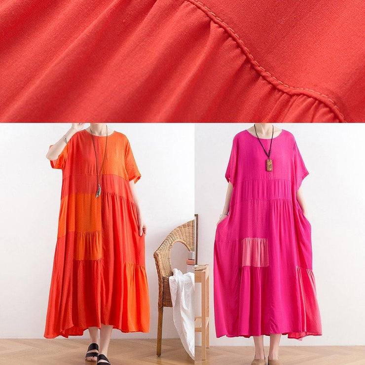 Handmade o neck patchwork cotton clothes For Women Catwalk orange long Dress - SooLinen