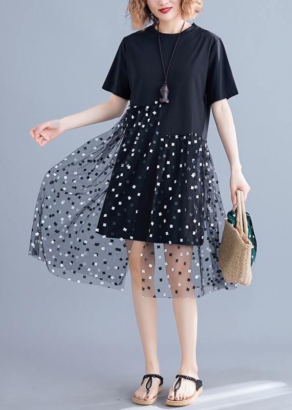 Handmade o neck patchwork tulle Cotton black Dress summer - SooLinen