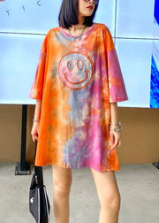 Handmade orange Tie Dye Dresses Oversize o neck half sleeve baggy Dresses - SooLinen