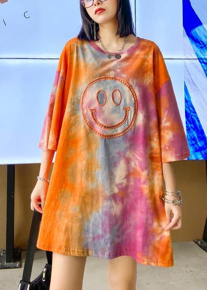 Handmade orange Tie Dye Dresses Oversize o neck half sleeve baggy Dresses - SooLinen