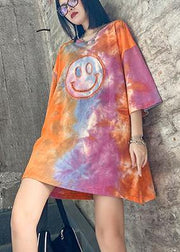 Handmade orange Tie Dye Dresses Oversize o neck half sleeve baggy Dresses - SooLinen