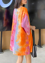 Handmade orange Tie Dye Dresses Oversize o neck half sleeve baggy Dresses - SooLinen