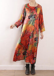 Handmade orange print chiffon Robes Korea Wardrobes o neck Maxi fall Dresses - SooLinen