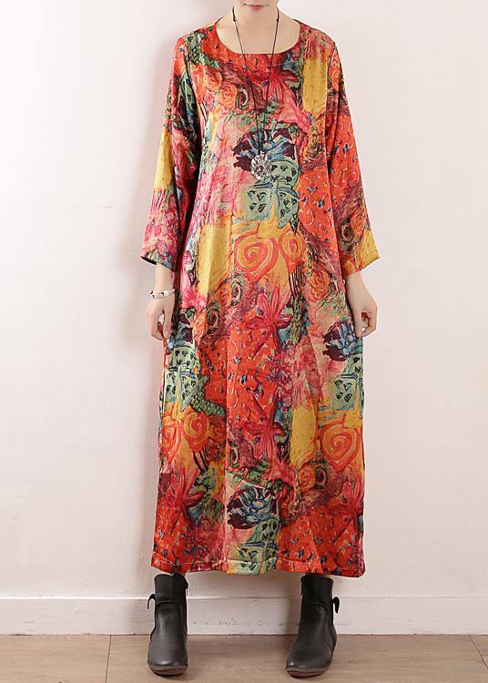 Handmade orange print chiffon Robes Korea Wardrobes o neck Maxi fall Dresses - SooLinen