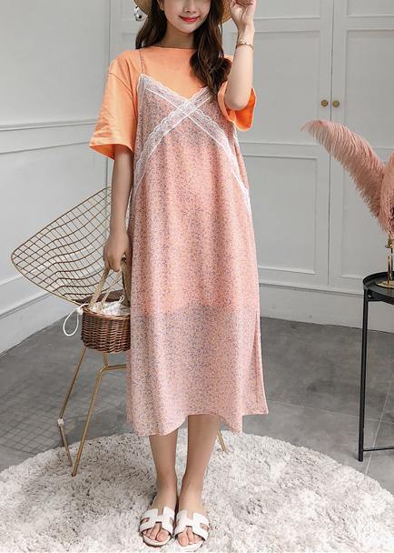 Handmade orange prints chiffon Tunics two pieces loose summer Dress - SooLinen