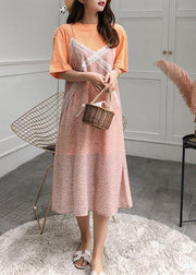 Handmade orange prints chiffon Tunics two pieces loose summer Dress - SooLinen