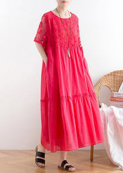 Handmade organza patchwork cotton o neck summer Catwalk red Kaftan Dress - SooLinen