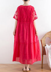 Handmade organza patchwork cotton o neck summer Catwalk red Kaftan Dress - SooLinen