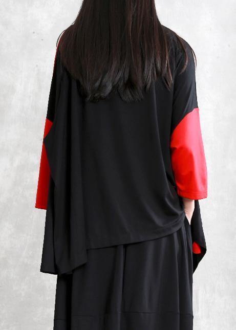 Handmade patchwork cotton spring shirts black red top - SooLinen