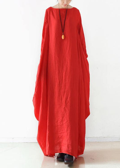 Handmade red  dress o neck long sleeve Robe Dresses - SooLinen