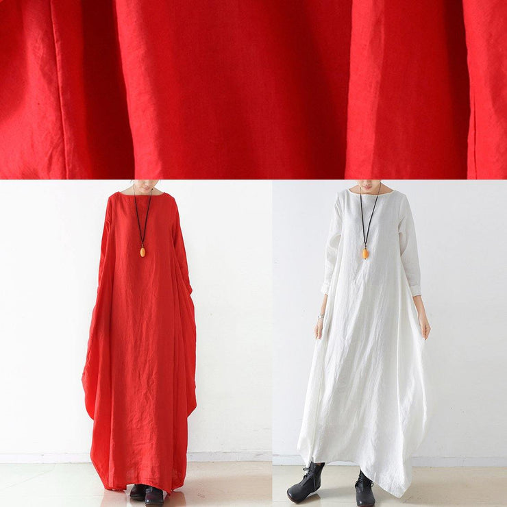 Handmade red  dress o neck long sleeve Robe Dresses - SooLinen