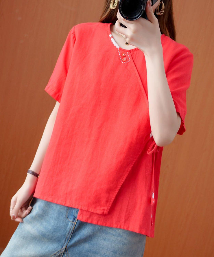 Handmade red embroidery shirts women v neck tie waist cotton top - SooLinen