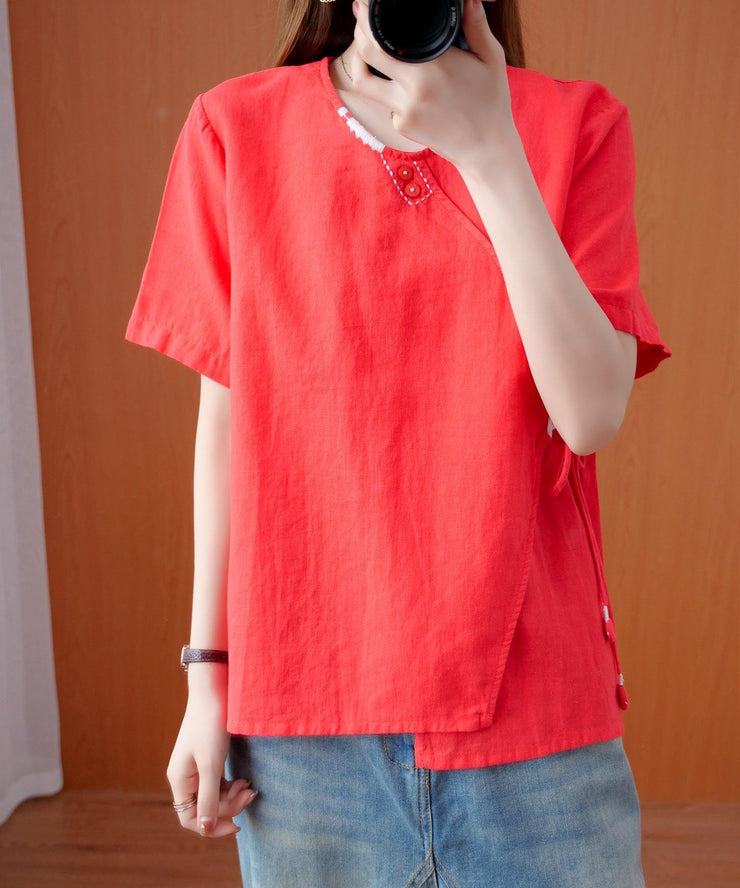 Handmade red embroidery shirts women v neck tie waist cotton top - SooLinen