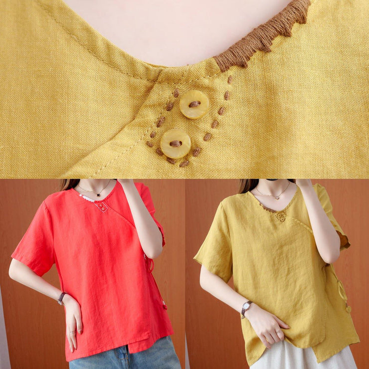 Handmade red embroidery shirts women v neck tie waist cotton top - SooLinen