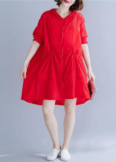 Handmade red hooded cotton Long Shirts ruffles baggy summer top - SooLinen