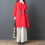 Handmade red linen clothes Metropolitan Museum Work long sleeve shift side open Dress