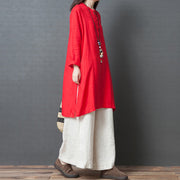 Handmade red linen clothes Metropolitan Museum Work long sleeve shift side open Dress