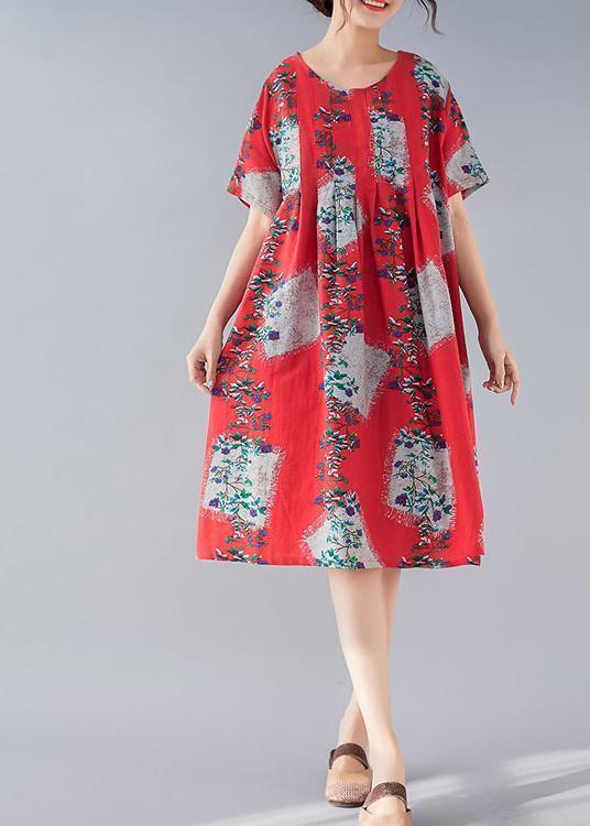 Handmade red print linen clothes Women Fine Tutorials o neck baggy summer Dresses