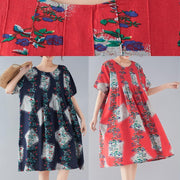 Handmade red print linen clothes Women Fine Tutorials o neck baggy summer Dresses