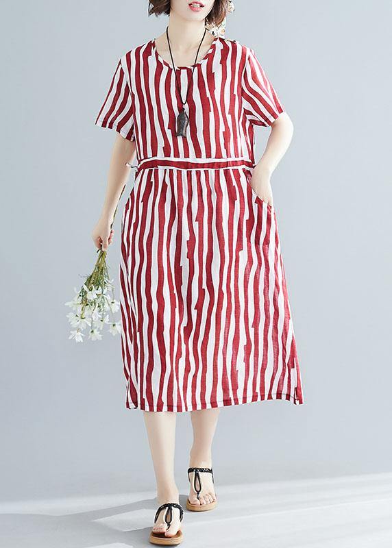 Handmade red striped clothes Women o neck drawstring Art summer Dress - SooLinen