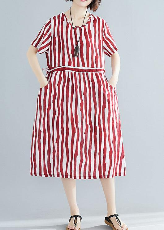 Handmade red striped clothes Women o neck drawstring Art summer Dress - SooLinen