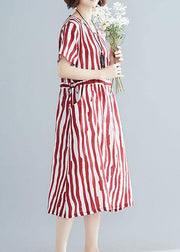 Handmade red striped clothes Women o neck drawstring Art summer Dress - SooLinen