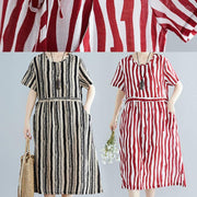 Handmade red striped clothes Women o neck drawstring Art summer Dress - SooLinen