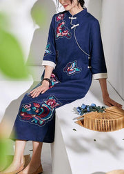 Handmade stand collar embroideried fabric linen summer dresses blue Dresses - SooLinen