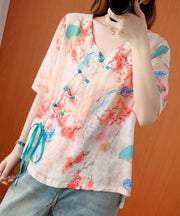 Handmade v neck half sleeve summer tops women floral shirts - SooLinen