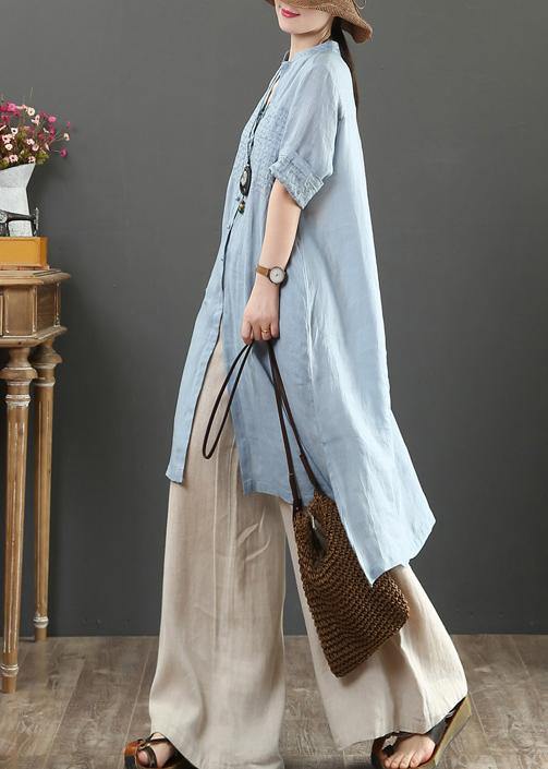 Handmade v neck linen summer shirts Gifts light blue tops - SooLinen