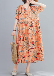 Handmade v neck short sleeve summer orange print Traveling Dress - SooLinen