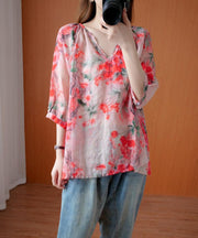 Handmade v neck summer Shirts Wardrobes red print blouses - SooLinen