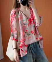 Handmade v neck summer Shirts Wardrobes red print blouses - SooLinen