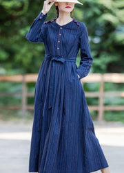 Handmade v neck tie waist spring clothes For Women linen dark blue striped Dresses - SooLinen